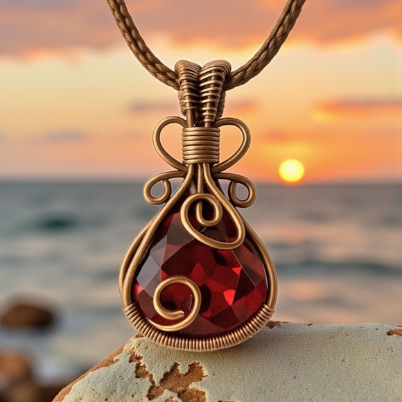 Boho Chic Genuine Garnet Copper Wire Wrapped Pendant Statement Necklace - Picture 1 of 13